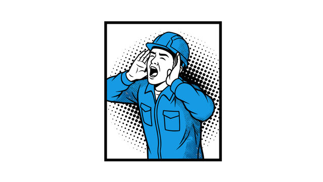Retro comic style construction worker shouting in blue uniform
