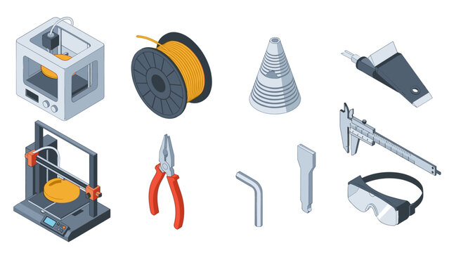 Isometric 3d printing tools and equipment with orange filament spool and safety goggles
