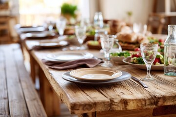 Dining table set with plates, glasses, and food on rustic wooden surface