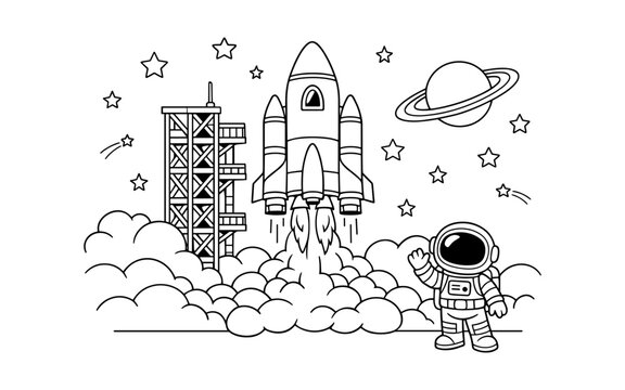 Cartoon rocket launching into space with astronaut waving goodbye from launchpad