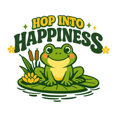 Fototapeta premium Retro Happy Frog on Lily Pad with Hop Into Happiness Quote Illustration