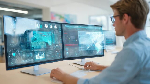 A man works with futuristic data dashboards displayed on two large computer screens, highlighting digital transformation. The workspace reflects a high tech, data driven business setting