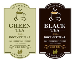 collection of green and black tea labels with leaves and cup