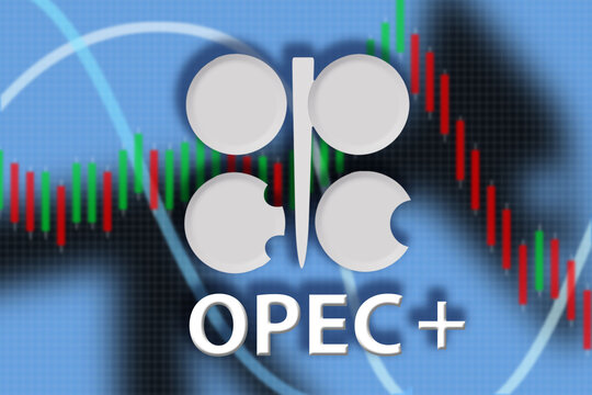 OPEC oil prices A blue background with a white logo for Opec plus on it. The logo is surrounded by a red and green line