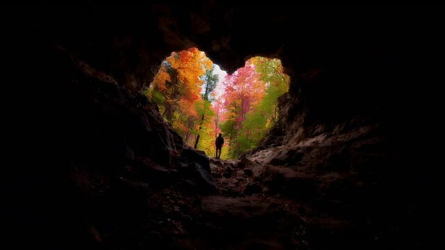 Romantic love theme for Valentines Day. A person standing in the middle of a cavern, surrounded by trees with vibrant fall colors. Rocks and leaves cover the ground.