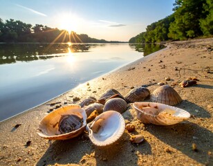 Seashells lie on sand near a river during sunset, trees visible along distant shore
