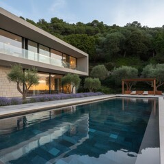Fototapeta premium Luxurious modern villa with a pool at sunset