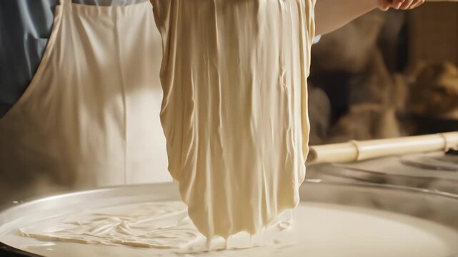 Traditional artisan lifting sheet of fresh yuba tofu skin from steaming vat of soy milk using bamboo sticks