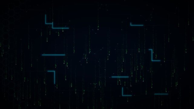 Abstract Cybersecurity Dark Background Seamless Loop 4K &mdash; Matrix Rain Hex Grid Particle Network