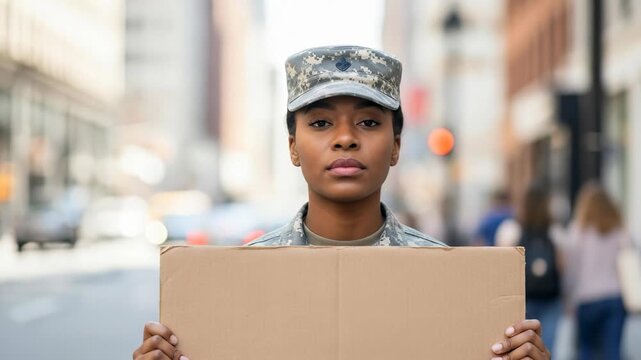 Urban silence: woman in uniform holding blank cardboard in busy city street