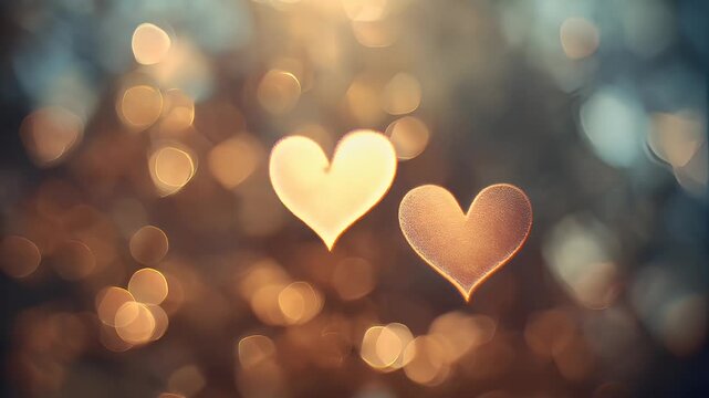 Romantic love theme for Valentines Day. Two heartshaped lights on a bokeh background, illuminated by a warm, golden light, creating a romantic atmosphere.