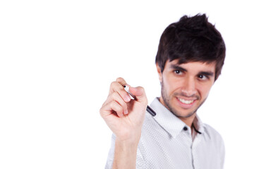 Man writing in a whiteboard with a pen