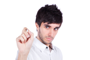 Man writing in a whiteboard with a pen