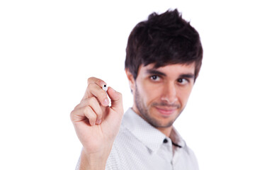 Man writing in a whiteboard with a pen