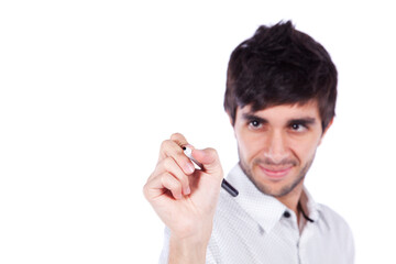 Man writing in a whiteboard with a pen