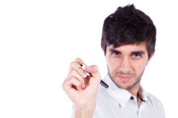Man writing in a whiteboard with a pen