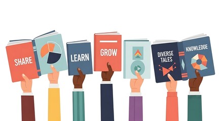 Naklejka na ściany i meble Diverse hands hold books with inspirational words and graphics, promoting education & sharing