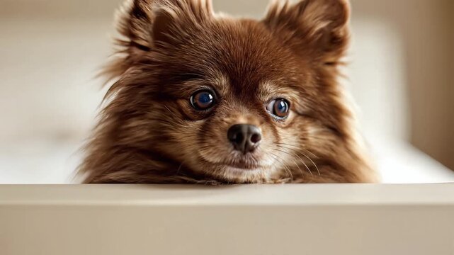 Adorable brown Pomeranian dog peeking over a white surface with big brown eyes.