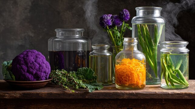 still life art, a luxurious, atmospheric still life reminiscent of a dutch master painting glass laboratory beakers and apothecary jars holding vibrant vegetable trimmings are arranged on a weathered