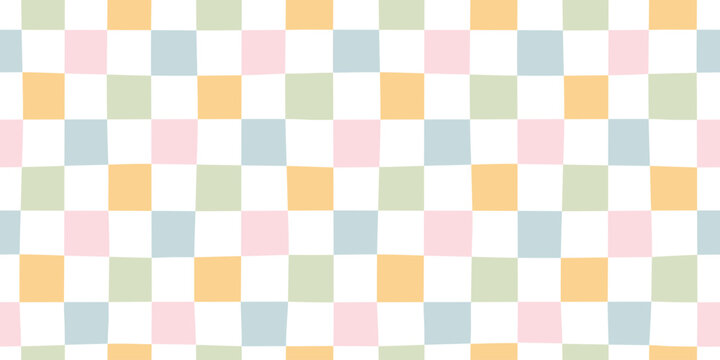 Checkered seamless pattern vector with colorful pastel squares on white background. Wavy checkerboard style for aesthetic stationery, fabric, nursery. Cute, stylish, minimalist, modern doodle.
