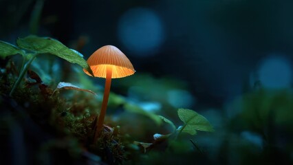 Fototapeta premium Glowing mushroom in dark forest at night