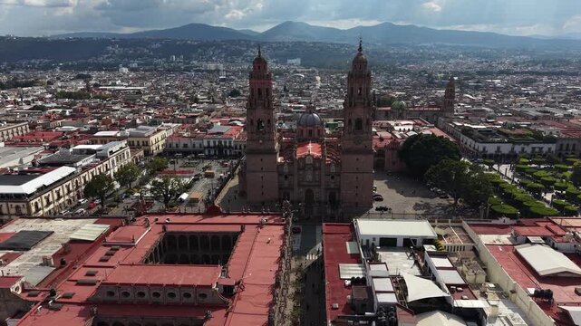 Morelia Cathedral Aerial Drone Fly Through Between Towers &ndash; Historic City Center, Mexico