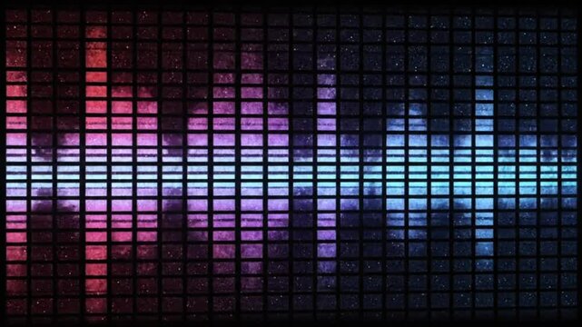 Vivid digital sound equalizer graphic displaying fluctuating audio levels across a grid structure with vibrant contrasting colors.
