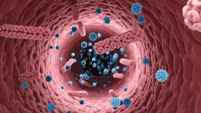 A video showcasing a detailed 3D animation of blood cells flowing through a blood vessel in the human body