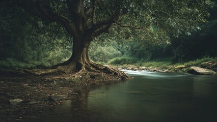 Fototapeta premium Lush tree by riverbank