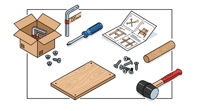 Isometric flat pack furniture assembly scene with tools and instructions