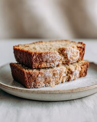 Two uneven slices of zucchini bread stacked on a round plate with a light-colored background, showcasing the texture and crumb of the baked good