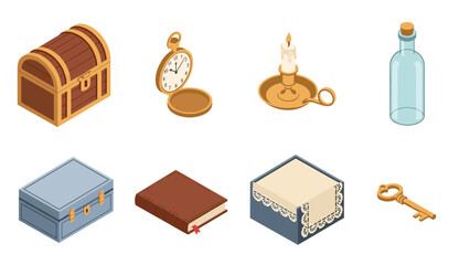 Isometric antique treasures collection: chest, pocket watch, candle, bottle, and more