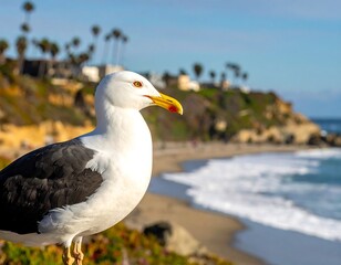Obraz premium Striking seagull portrait with ocean waves and beach background in warm sunlight