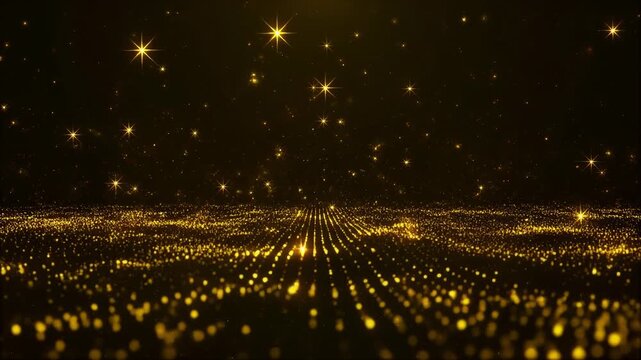 ackground with shining golden floor particle stars dust. Futuristic