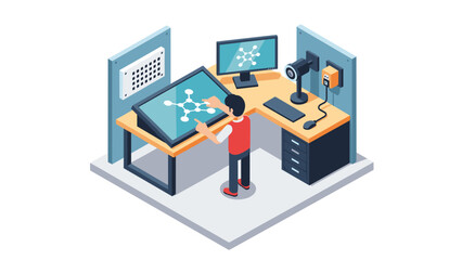 Obraz premium Isometric design of a high-tech lab with interactive digital screens and monitors