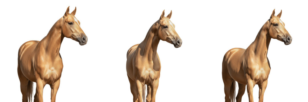 Akhal-Teke Horse Equus ferus caballus isolated on white background, Turkmen horse breed from T&uuml;rkmenistan, desert endurance horse, metallic coat equine, Central Asian heritage breed studio cutout