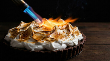 Industrial blowtorch caramelizing peaks of glossy Italian meringue