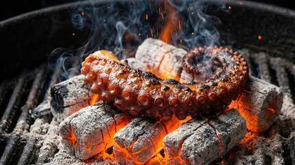 Octopus tentacle searing on glowing white-hot Binchotan charcoal