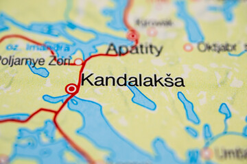 Naklejka premium Detailed road map close up of Kandalaksha in northwest Russia.