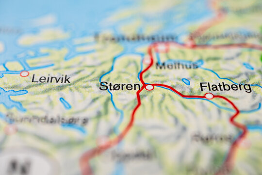Close up road map detail of Storen and Melhus Norway transportation network.