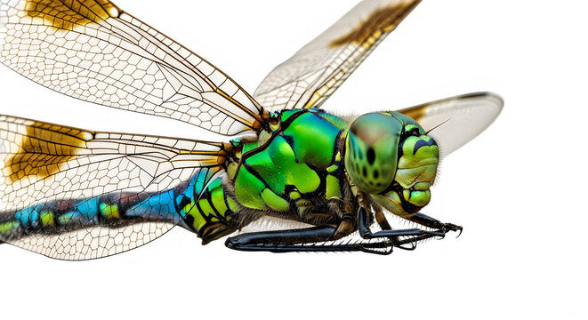A close-up of a green dragonfly with white wings