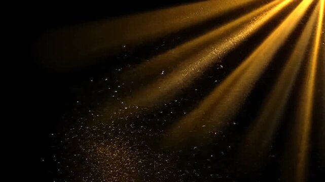 Radiant golden rays emanating from the upper right corner against a dark backdrop with floating particles