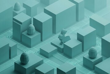Obraz premium Abstract geometric landscape featuring a playful rabbit model soft color palette and dynamic lines conveying a sense of innovation and digital connectivity