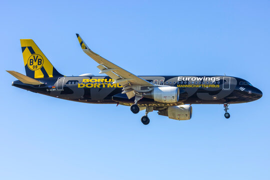 Luqa, Malta - February 24, 2026: Eurowings Airbus A320-214 (REG: D-AEWM) in the special BVB FanAirbus livery, landing runway 31 in the morning.