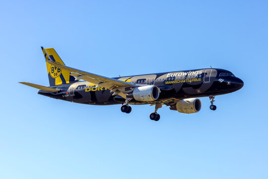 Luqa, Malta - February 24, 2026: Eurowings Airbus A320-214 (REG: D-AEWM) in the special BVB FanAirbus livery, landing runway 31 in the morning.
