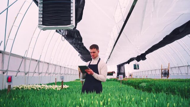 Agronomist studying temperature and humidity sensors diligently in laboratory setting. Research specialist evaluating temperature and moisture levels across flower cultivation zones precisely