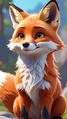 Fototapeta premium Stylized, adorable orange fox with big eyes sitting in a blurred outdoor landscape