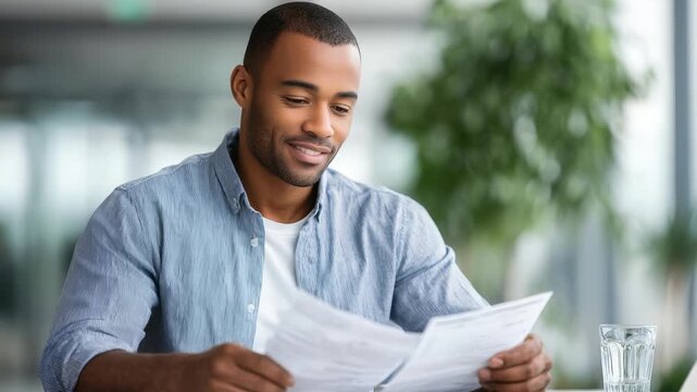 A focused individual examines important documents in a bright, contemporary workspace, exuding positivity and professionalism. The scene highlights productivity and career success