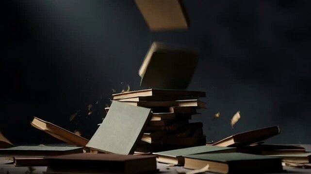 Towering stack of old books illuminated by spotlight