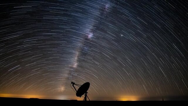Stunning star trails swirl above a satellite dish at night